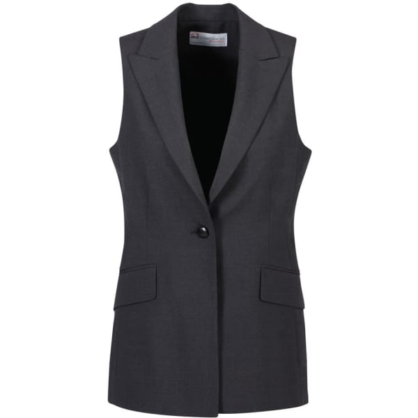 A sleeveless grey jacket with a lapel collar and two front pockets, featuring a button closure and a branding logo.