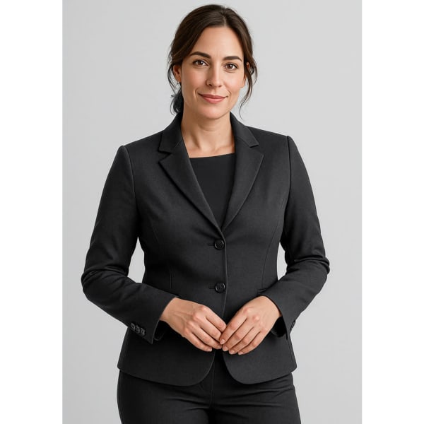A black mid-length women's comfort wool stretch jacket featuring a two-button design and fitted silhouette.