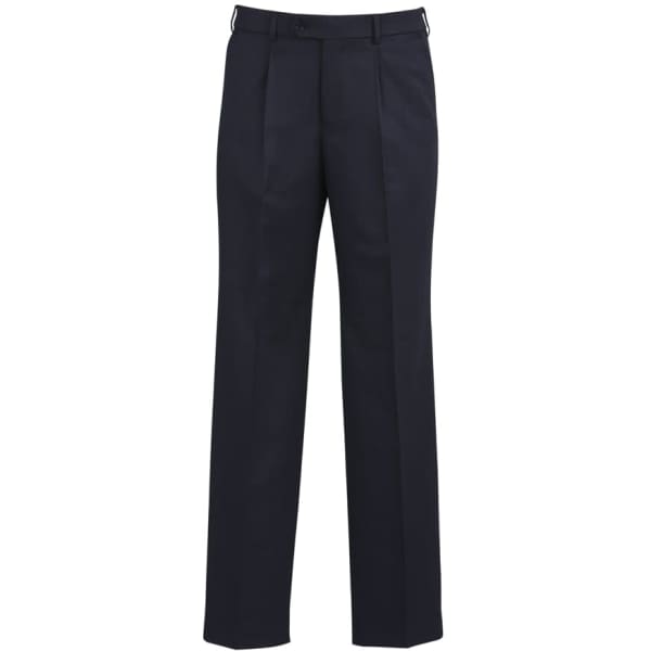 A pair of navy slacks with one pleat design, featuring a waistband and side pockets.