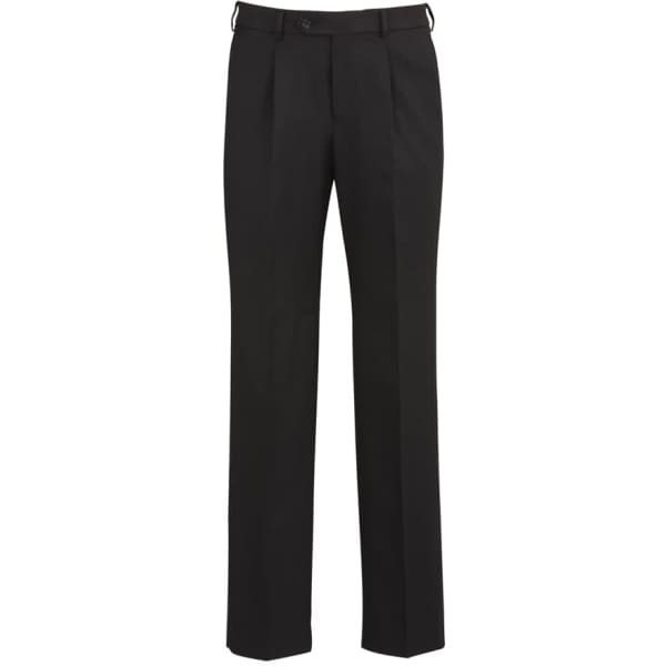 A pair of black men's slacks featuring one pleat and a belt loop. The pants have a formal design and a logo.