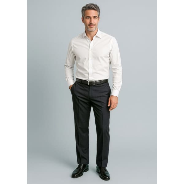 Men's black slacks with an adjustable waist, featuring a sleek design and a logo on the waistband.