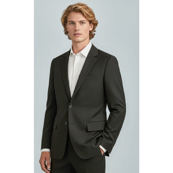 A classic black men's blazer featuring a two-button design and a modern fit. It has side pockets and a lapel collar.