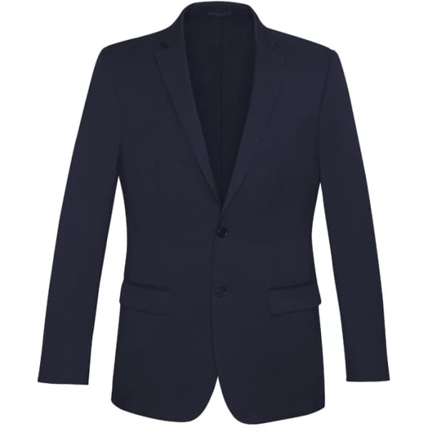 A navy slimline jacket with a tailored fit, featuring a single-button closure and two front pockets, and a logo.