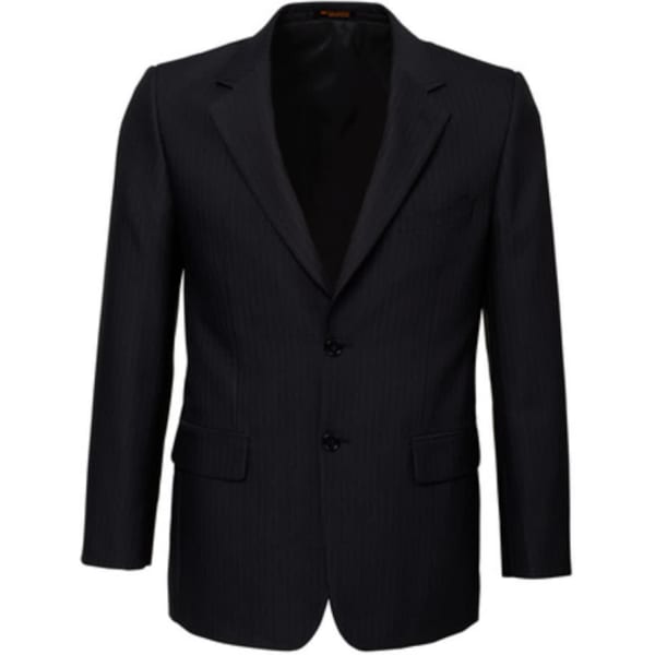 A black pinstripe men's two-button jacket featuring a single-breasted design and two front pockets.
