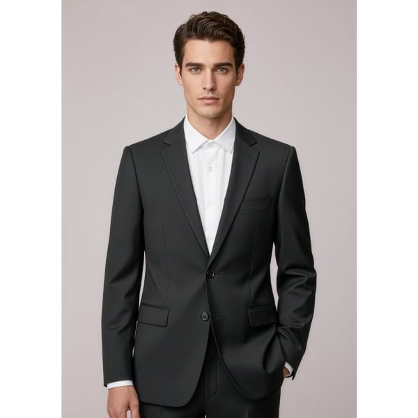A tailored black men's blazer jacket featuring a two-button closure and a classic fit. It has pockets and minimal branding.