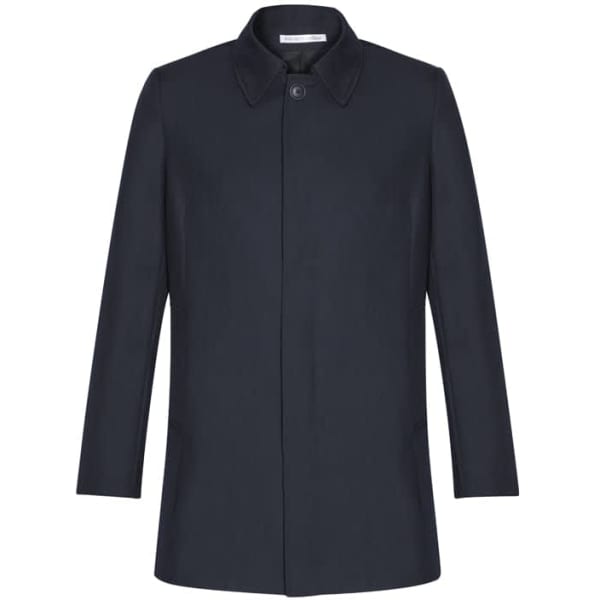 A navy lined car coat with a classic design, featuring a collar and button closure. Includes a subtle logo.