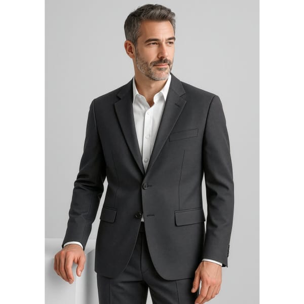 A classic men's jacket in dark grey, featuring a two-button closure and notch lapels. It has a sleek, tailored fit.