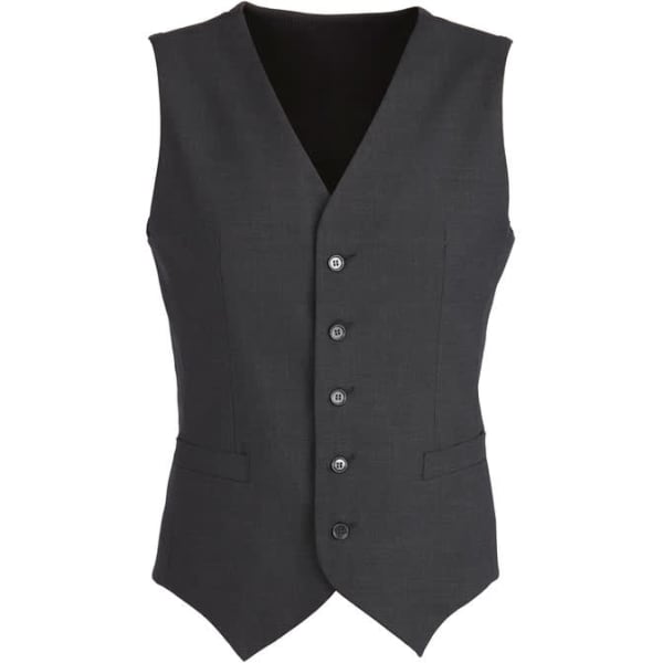 A black peaked vest featuring a button front and two side pockets, made of wool stretch material.