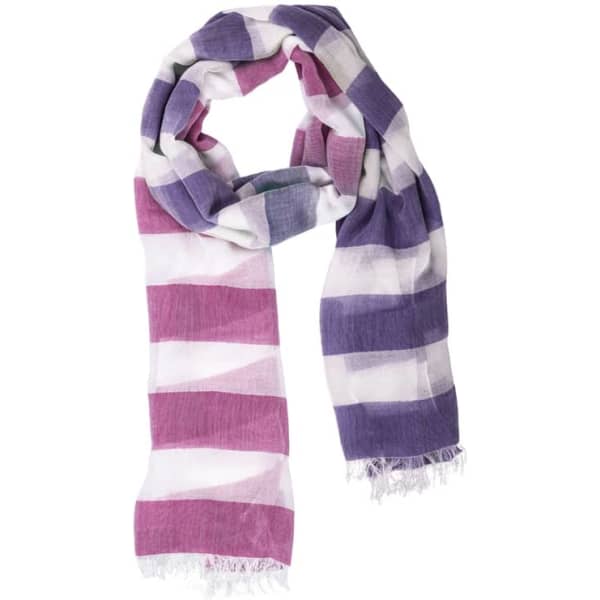 A two-tone scarf featuring horizontal stripes in purple and white, with a fringed edge.