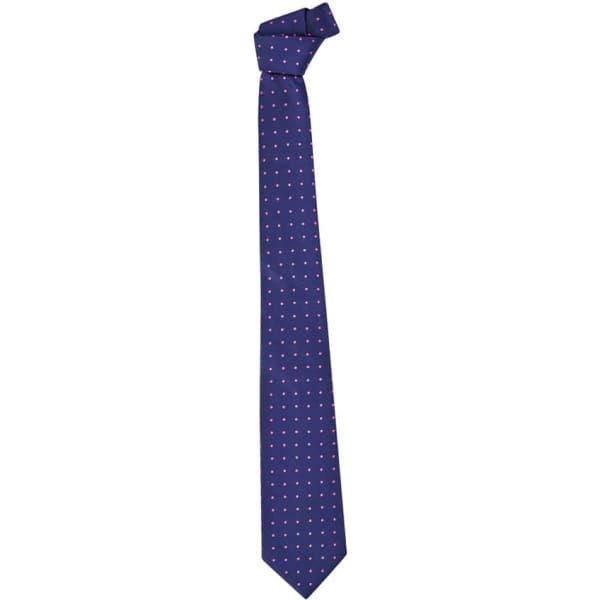 A navy tie with a spot pattern in pink and white, featuring a logo.