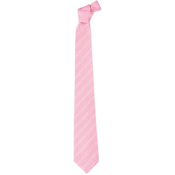 A pink self-stripe tie, featuring a diagonal striped pattern and a classic design. It has a branding logo.