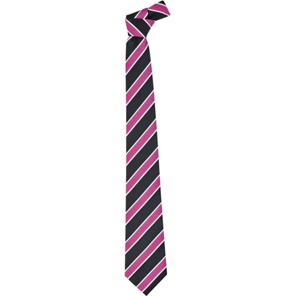 A men's tie featuring wide stripes in navy, pink, and white, with a branding logo.