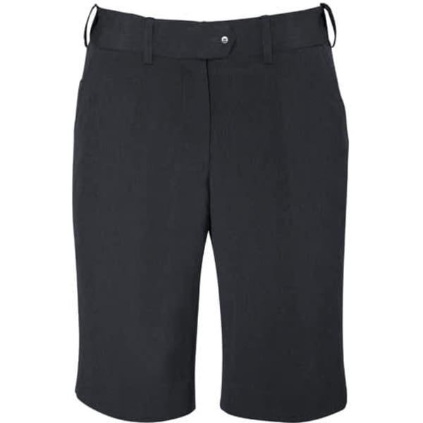 A pair of women's adjustable waist shorts in dark grey, featuring a tailored design and waistband with loops.