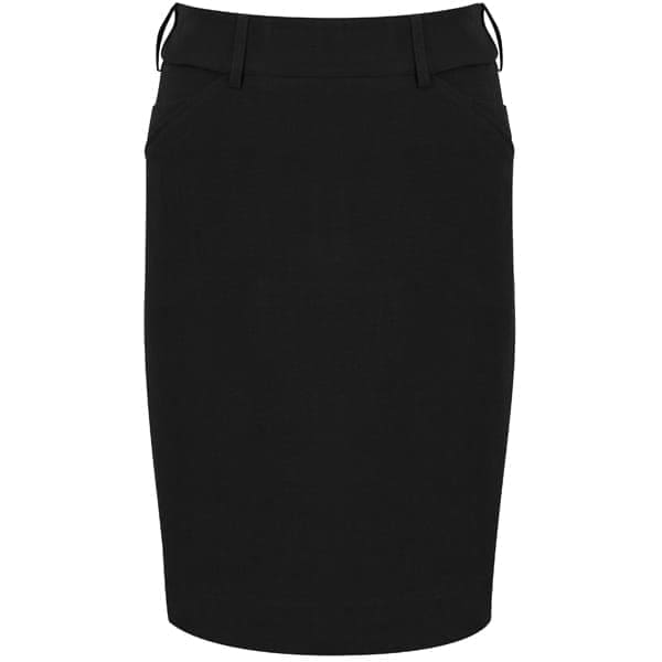 A black adjustable waist skirt with pockets, designed for women's scrub bottoms. It features a sleek, professional look.