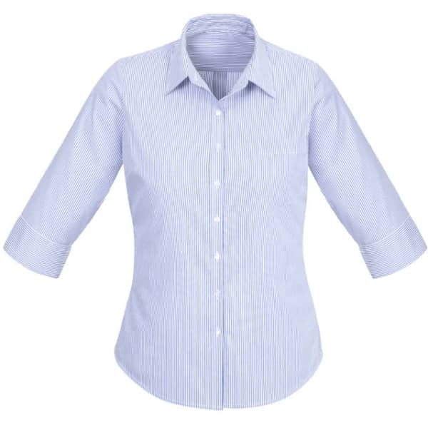 A button-up women's shirt featuring blue and white stripes with 3/4 sleeves and a collar. Includes branding.