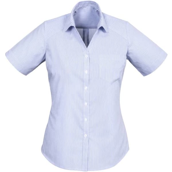 A short-sleeve, button-up shirt in light blue and white stripes, featuring a classic collar and a logo.