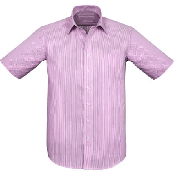 A short sleeve button-up shirt in a light purple with a striped pattern. Features a chest pocket and a collar.