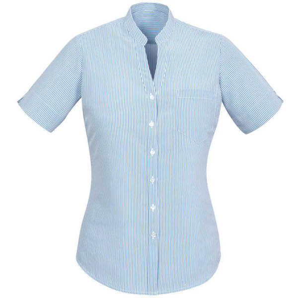 A short sleeve women's shirt in light blue with white stripes and a collar. Features a logo on the garment.