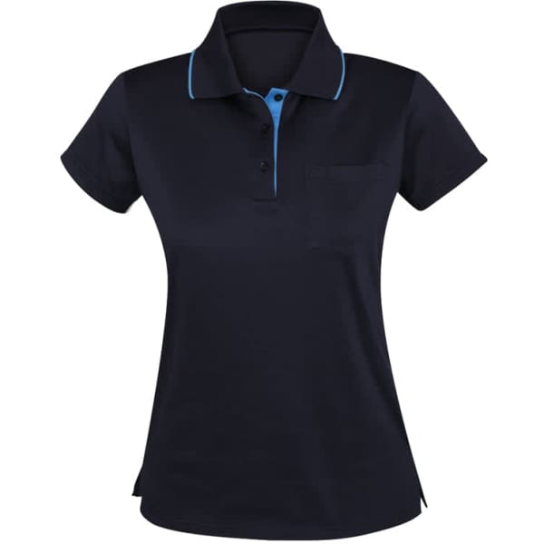 A women's polo shirt in navy with blue accents, featuring a collar and a chest pocket.