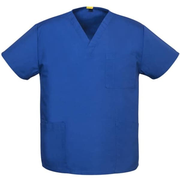 A blue unisex scrub top featuring short sleeves, a v-neck, and a pocket. Includes a logo on the fabric.
