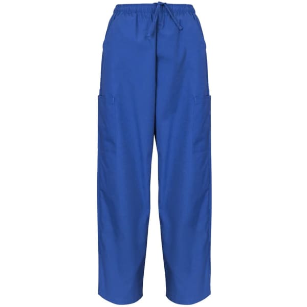 Unisex blue scrub pants with an elastic waist and pockets on the sides. Features a logo on the front.