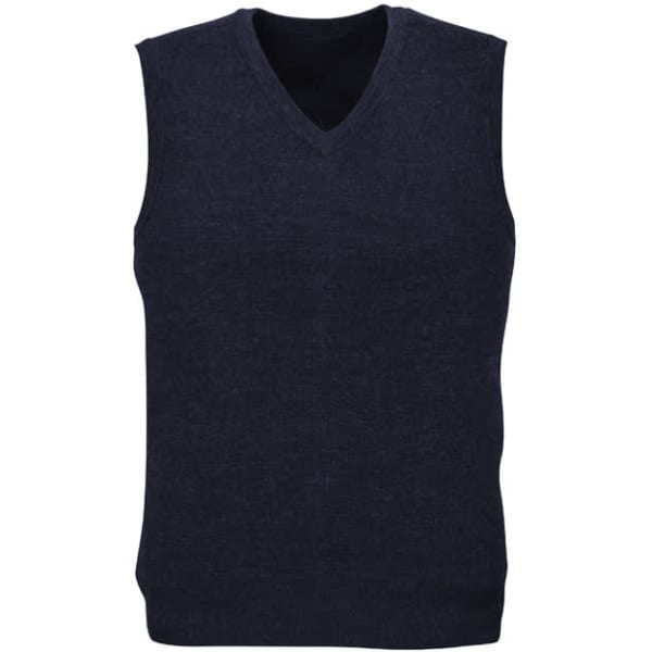 A dark navy sleeveless vest with a v-neck design and a textured finish. Features a logo on the front.