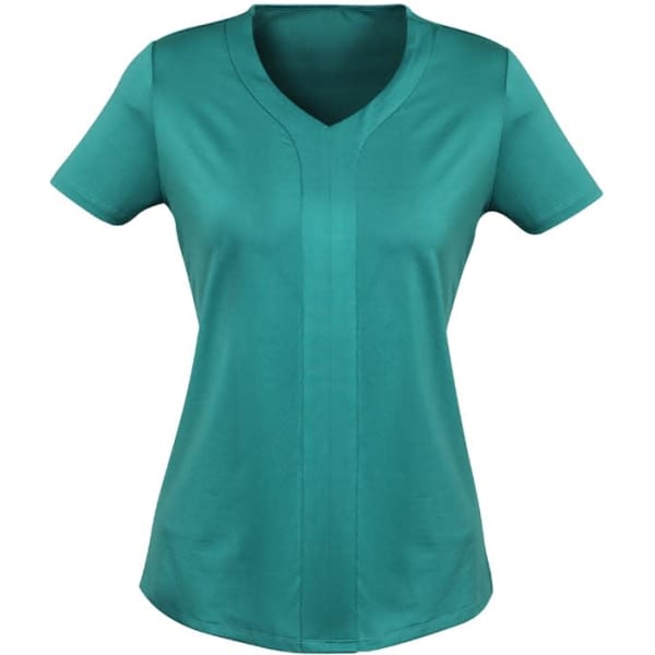 A short sleeve knit top in teal with a V-neckline and a subtle centre seam, featuring a logo on the side.