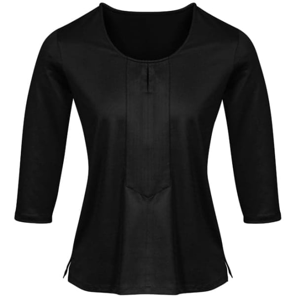 A black 3/4 sleeve knit top with a round neckline and side slits, featuring a small logo.