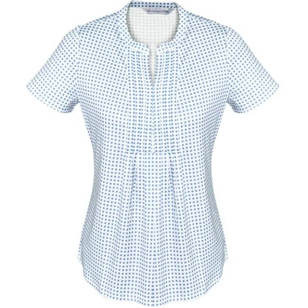 A short-sleeved women's top featuring a blue and white linear pleat design. It has a round neckline and a logo.