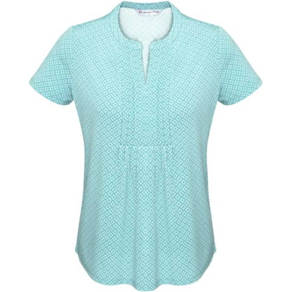 A light blue womens shirt featuring a diamond pleat design and a short, relaxed fit. The shirt has a collar and a logo.