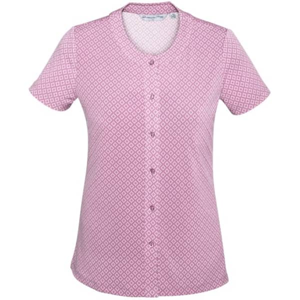 A pink patterned short-sleeve knit top with a button front and a round neck. Features branding on the label.