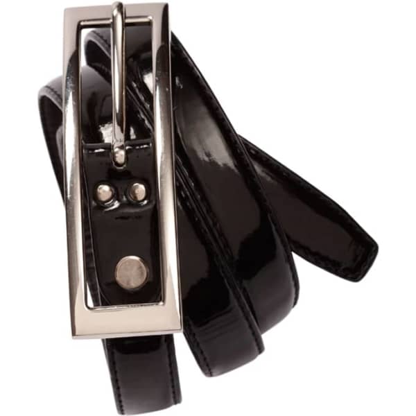 A shiny black women's semi-patent belt with a rectangular silver buckle and a sleek design.