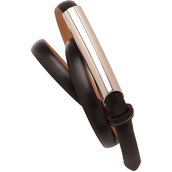 A slimline women's belt in black leather featuring a metallic silver accent. It has a logo on the buckle.