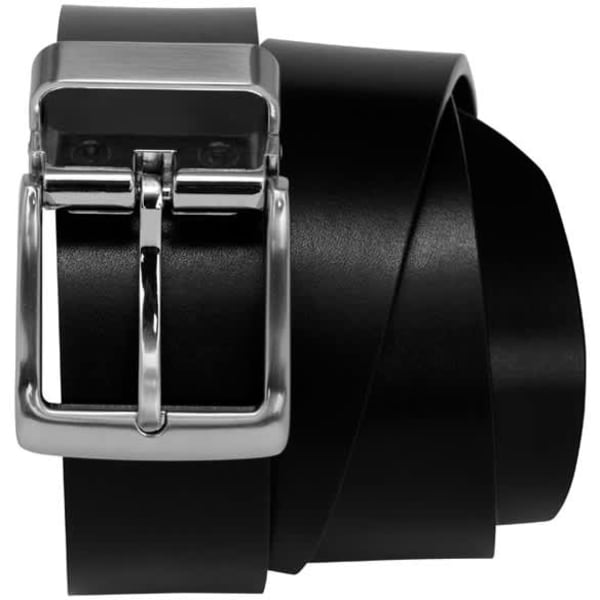 A black leather belt featuring a silver buckle and a classic design. It has a logo on the buckle.