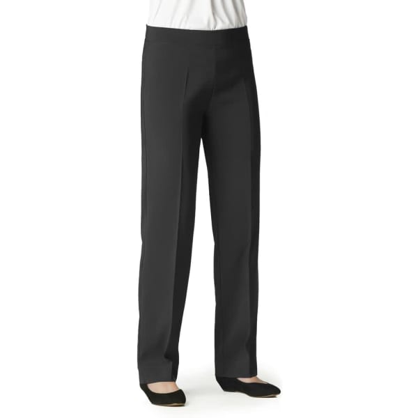 Black slacks featuring a tailored design, displayed on a model wearing black flats. The image includes a logo.