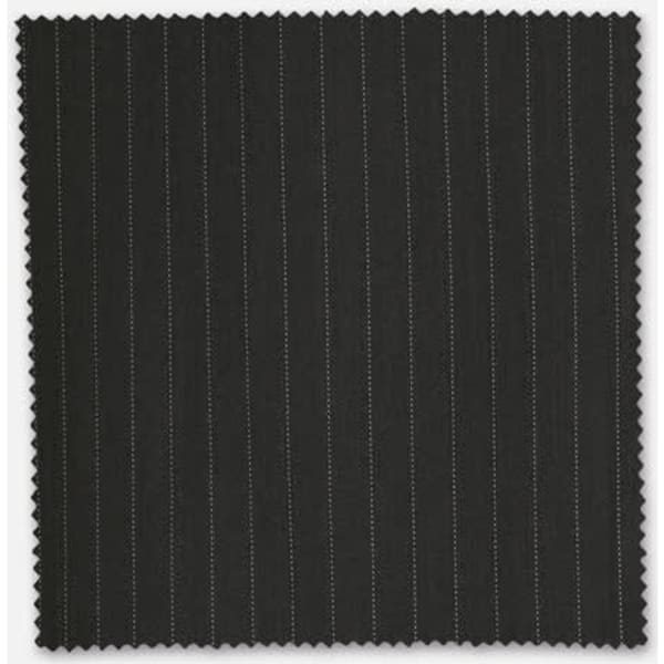 A swatch of dark green fabric featuring subtle pinstripes, perfect for suiting. Includes a logo on one edge.
