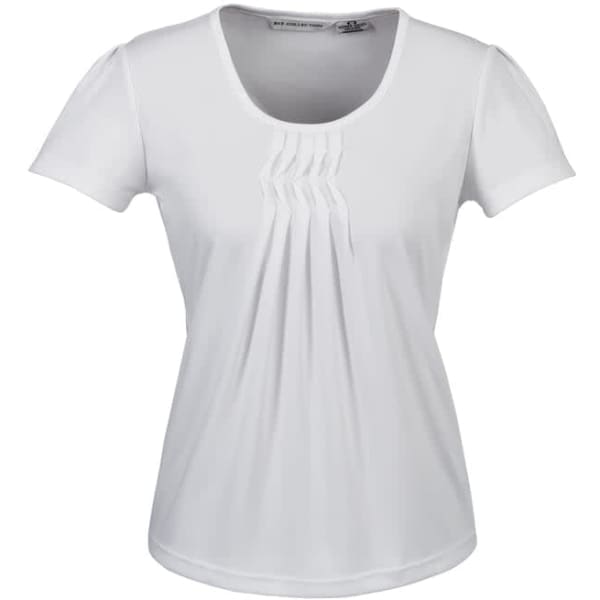 A white ladies' top featuring pleats on the front, with short sleeves and a round neckline. It has a logo.