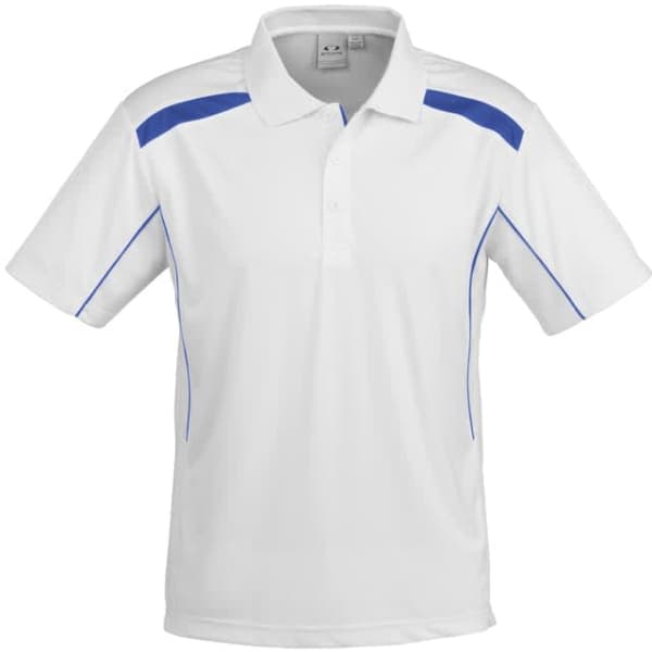 A white short sleeve polo shirt with blue accents and a logo.