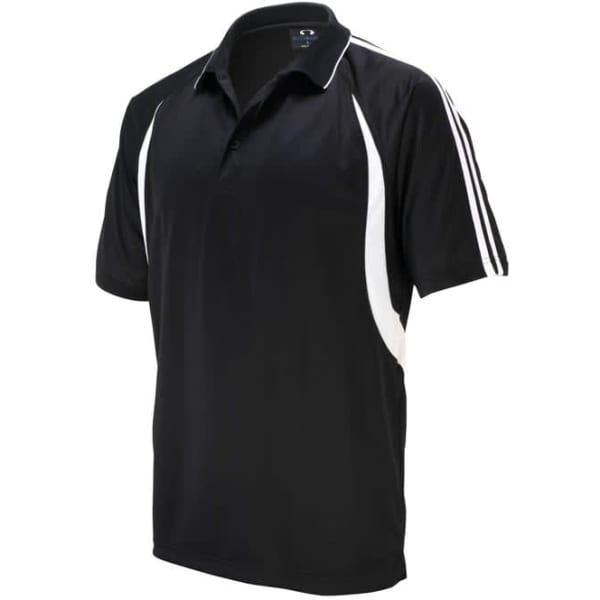 A black men's polo shirt with white side panels and three stripes on the sleeves. It features a collar and a logo.