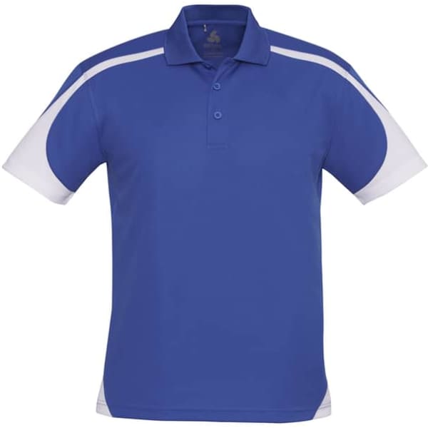 Men's Talon short sleeve polo in blue with white accents, featuring a collar and a logo.