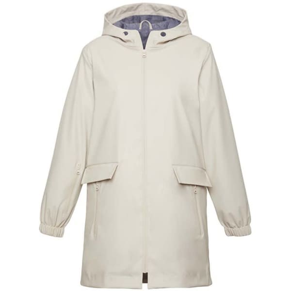 A cream overcoat with a hood, featuring zip pockets and elastic cuffs, showcasing a simple and sleek design.