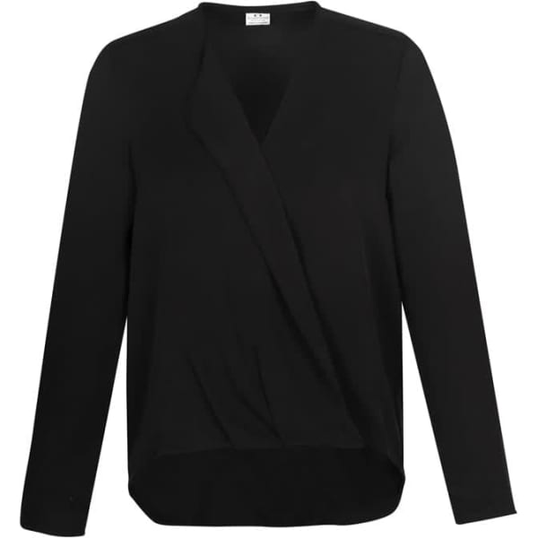 A black women's hi-lo blouse featuring long sleeves and a wrap design. The blouse has a subtle logo on the tag.