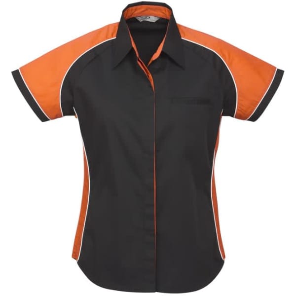 A short-sleeve women's button-up shirt in black with orange accents, featuring a logo on the chest.