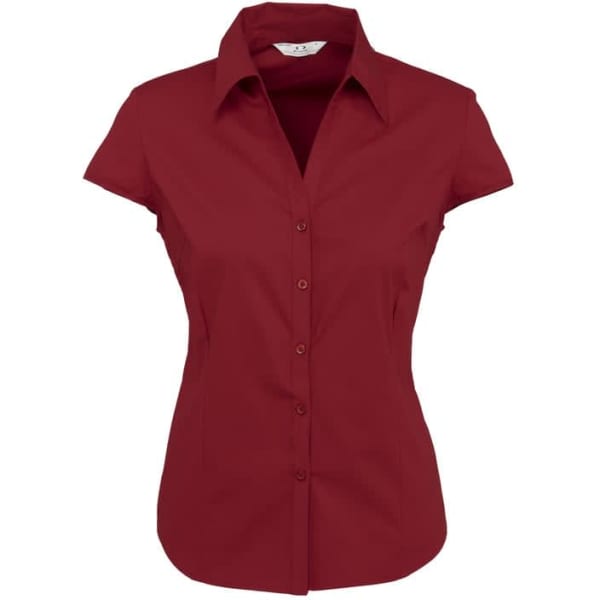 A red ladies cap sleeve button-up shirt featuring a collar and a fitted silhouette. It has a logo on the chest.