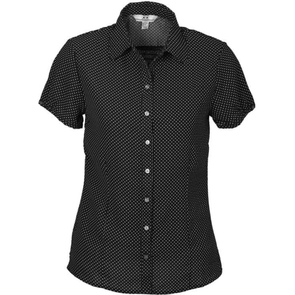 A short-sleeved, black blouse with white polka dots and a button-up front. The shirt has a collar and a fitted style.