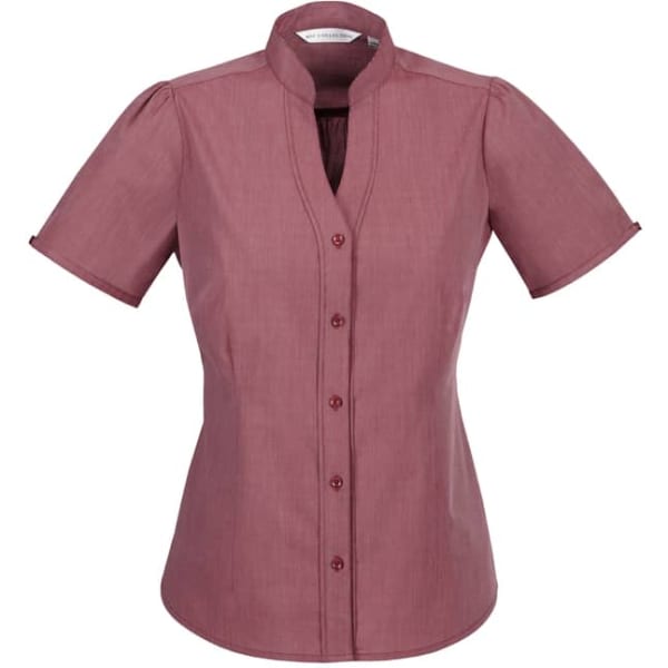 A maroon ladies' button-up shirt with a stand collar and short sleeves, featuring a branding logo.