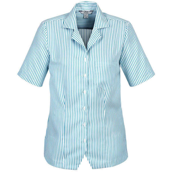 A short-sleeved, button-up overblouse featuring blue and white vertical stripes and a collar. It has a logo.