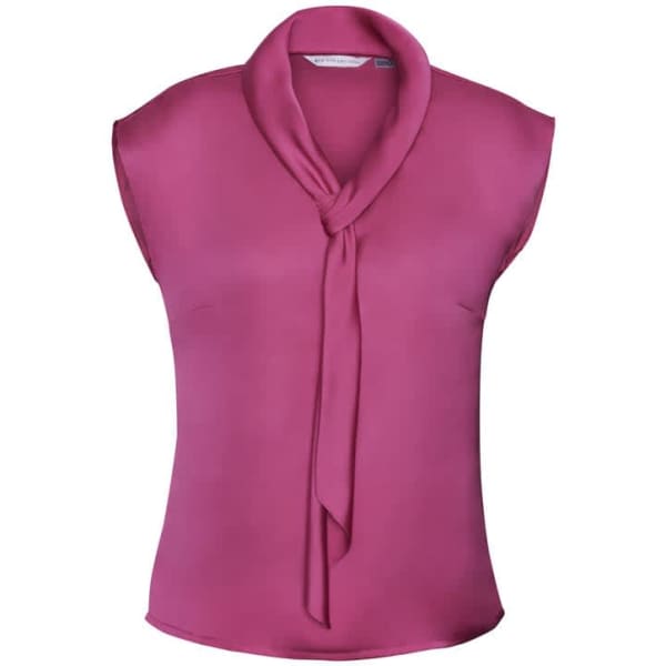 A pink shimmer tie neck top with short sleeves, featuring a stylish tie detail at the neckline.