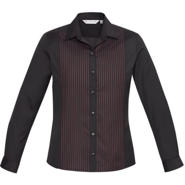 A black long sleeve button-up shirt with a striped panel design and a logo.