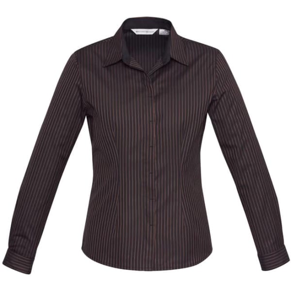 A button-up shirt featuring long sleeves and a black fabric with striped patterns in various colours. It has a logo.